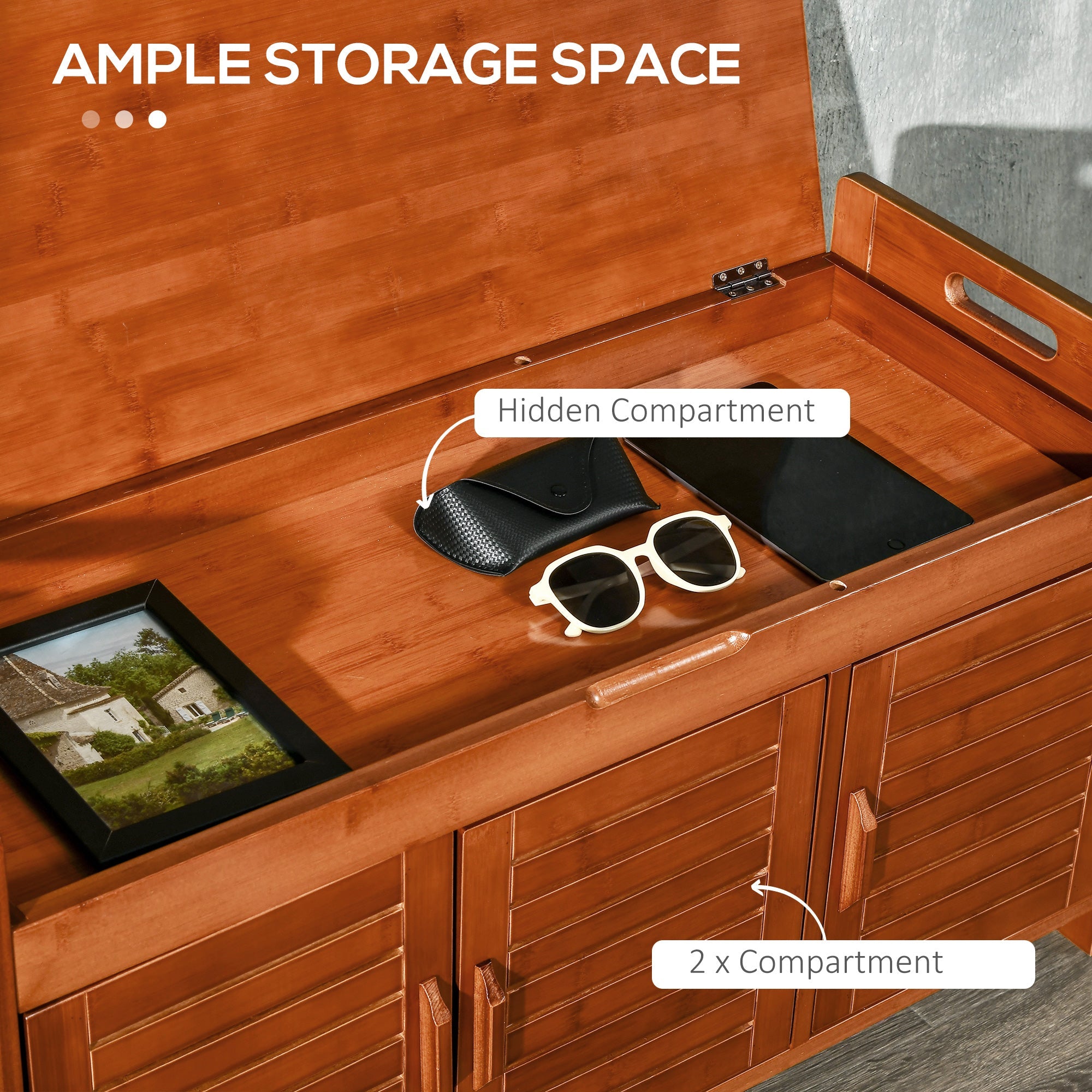 Shoe Bench with Cabinets, Bamboo Entryway Bench with Seating Cushion, 3 Doors and Hidden Compartment for Hallway, Dark Cherry