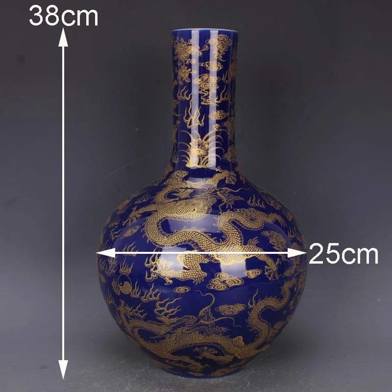 Qing Kangxi Blue-Ground Celestial Globe Vase – Gold-Gilt Flower, Cloud & Dragon Motif | Jingdezhen Porcelain