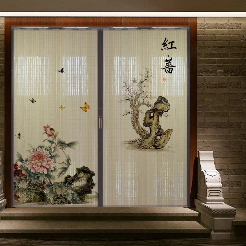 Printed Bamboo Sliding Door Partition Traditional Chinese Room Divider Foldable Screen