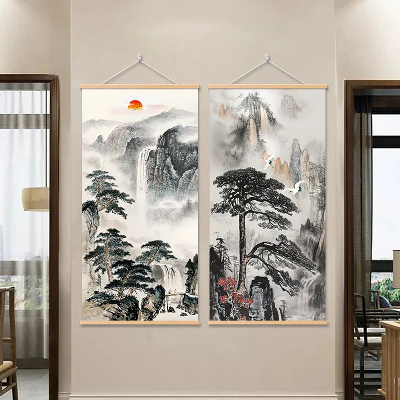 chinese style flower Green plants canvas decorative painting Store bedroom living room wall art solid wood scroll paintings