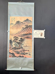 Antique Hand-Painted Chinese Scroll Painting with Certificate – Long Axis of Landscape Pine Tree in Blue, Pink, Yellow (#13)