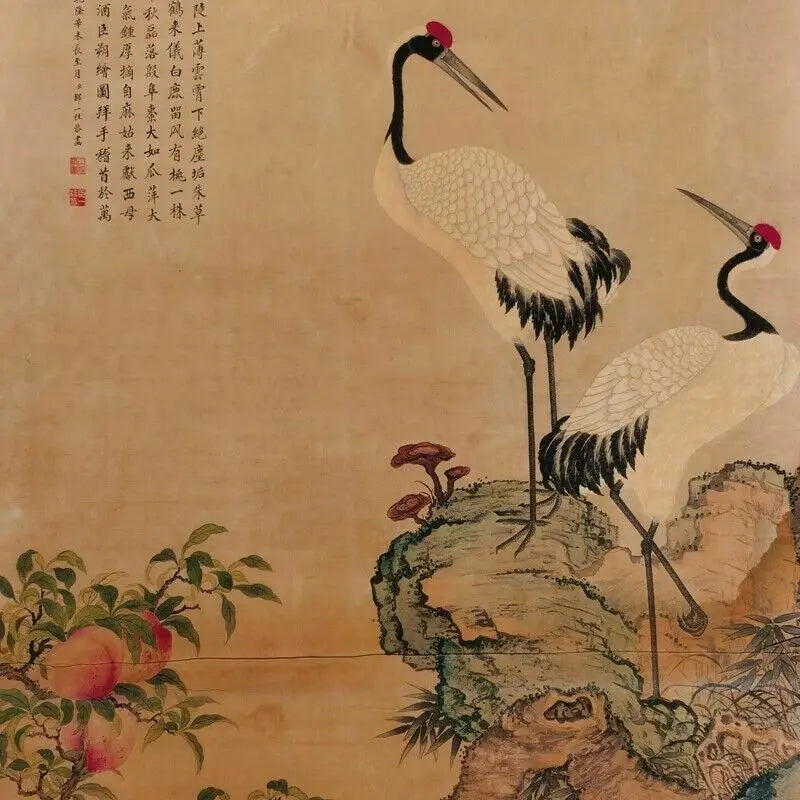 Vintage Chinese Scroll – Peach and Crane Rice Paper Painting