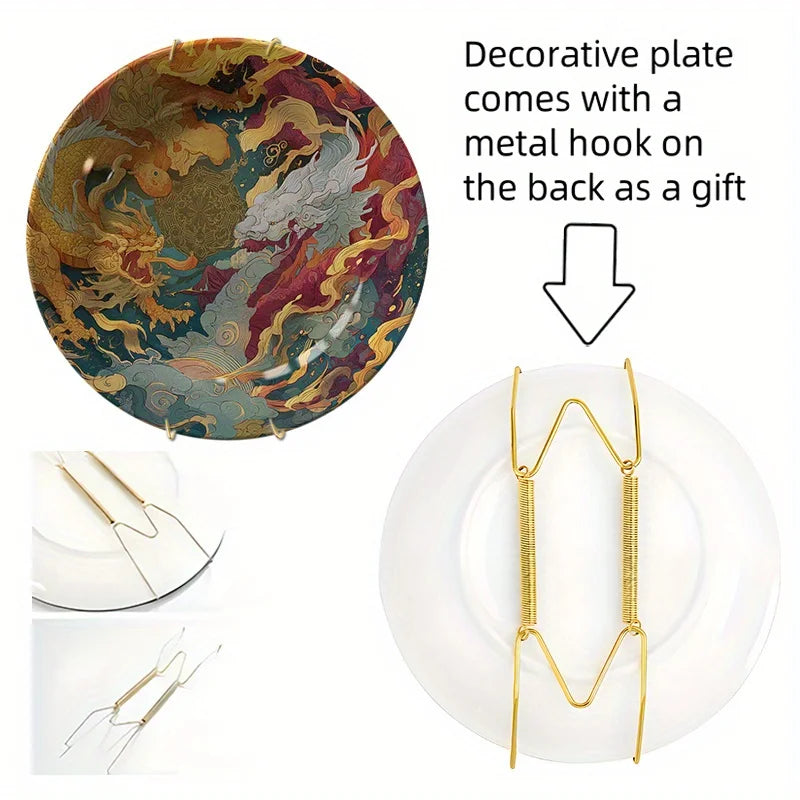 2D Flat - A 2D Decorative Plate Featuring a Chinese Dragon - Hand-Painted Asian Home Decor with a Golden Dragon Design