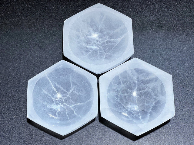 Wholesale Bulk Lot 3 Pack Of Selenite Crystal Hexagon Bowl Crystal Dish Charging Plate