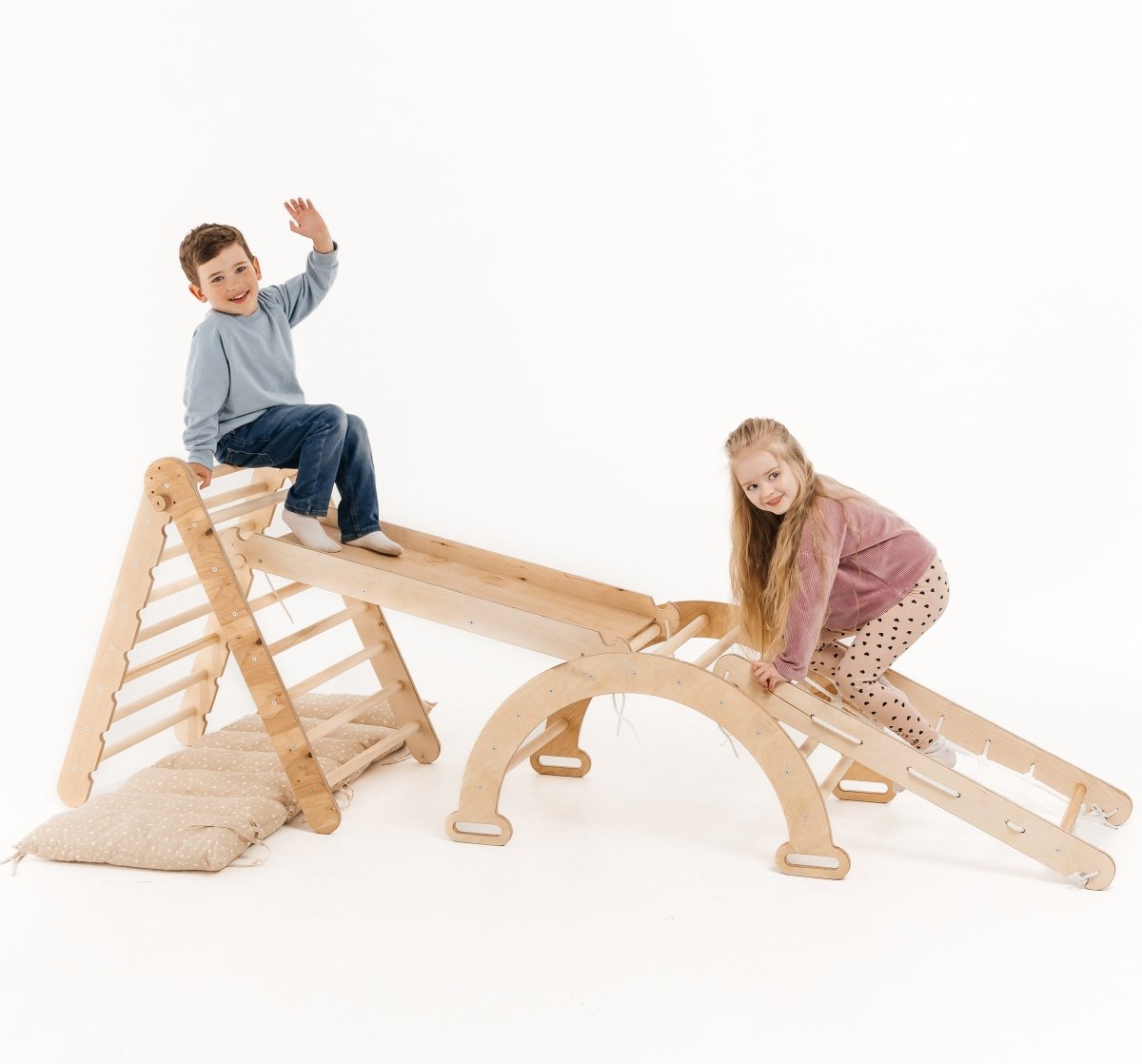 5in1 Montessori Climbing Set: Triangle Ladder + Arch/Rocker + Slide Board/Ramp + Netting rope + Cushion