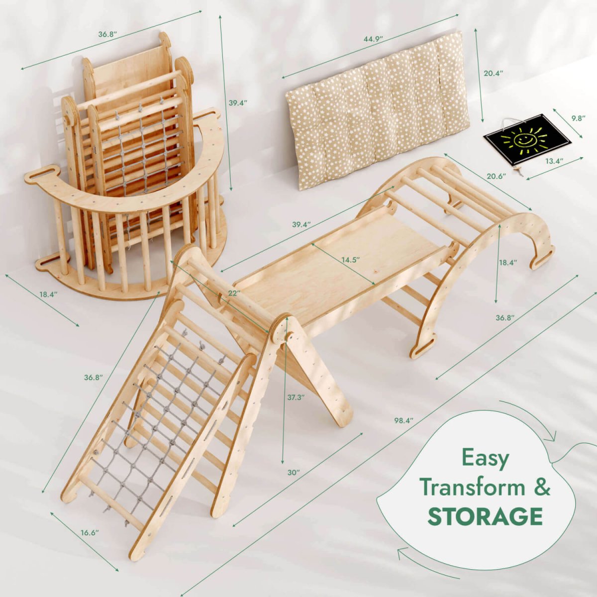 5in1 Montessori Climbing Set: Pikler, Climbing Arch, Slide, Net & Cushion