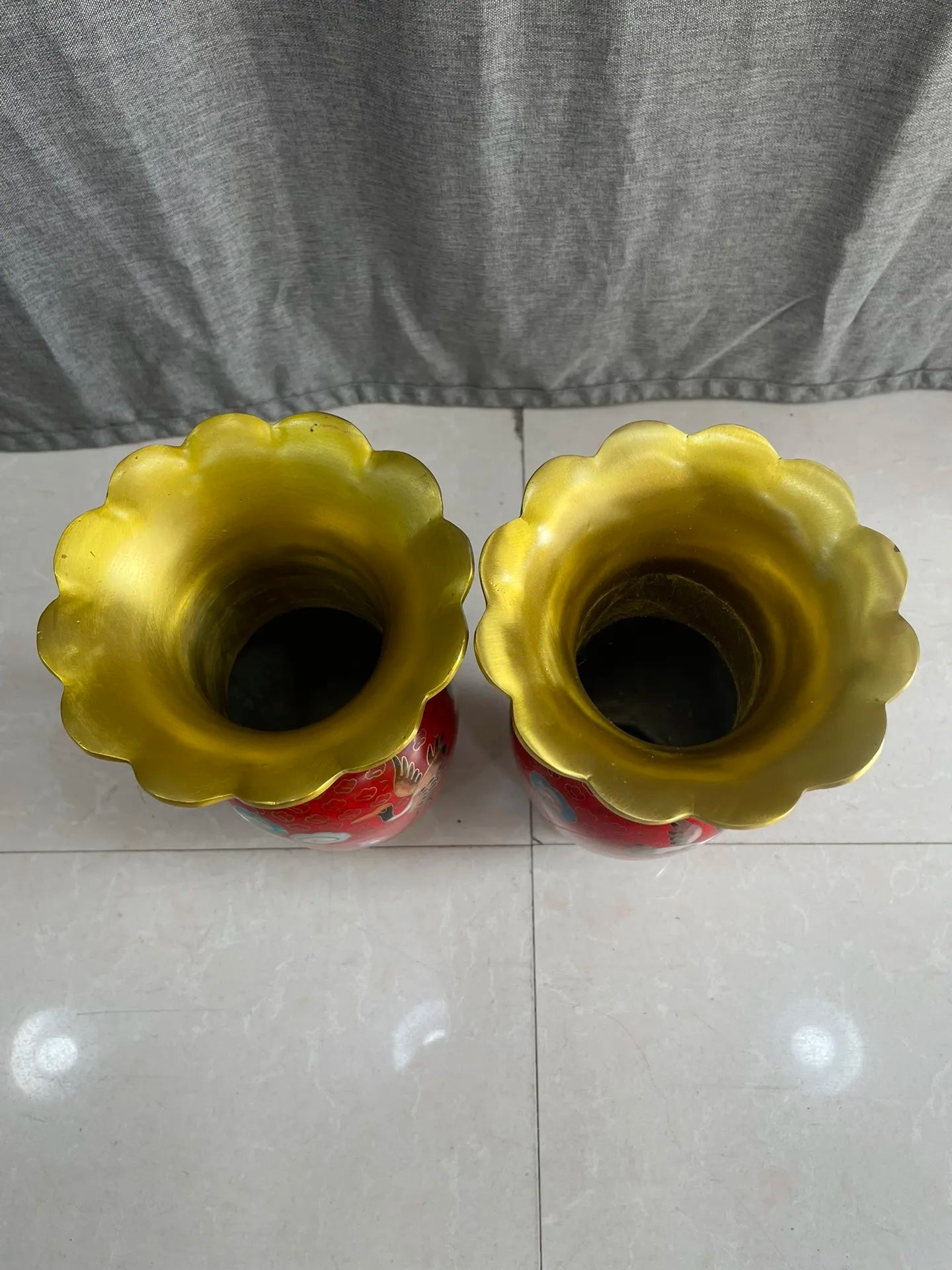 Tibetan Bronze Cloisonné Longevity Crane Vases (Pair, 9")