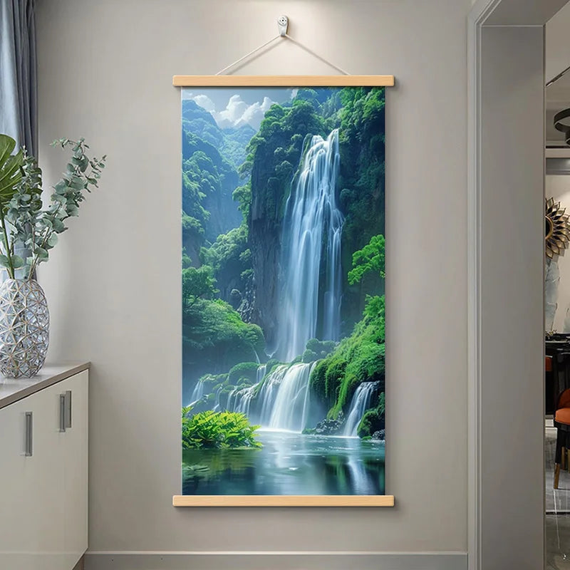 Chinese Style Landscape Wall Art, Flowing Water Wealth Lucky Pine Tree Feng Shui Hanging Painting for Living Office Room Decor