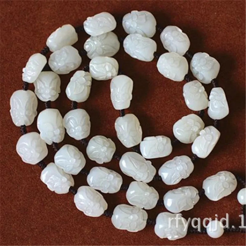 Hetian Eighteen Arhats Green and White Jade Bead Necklace