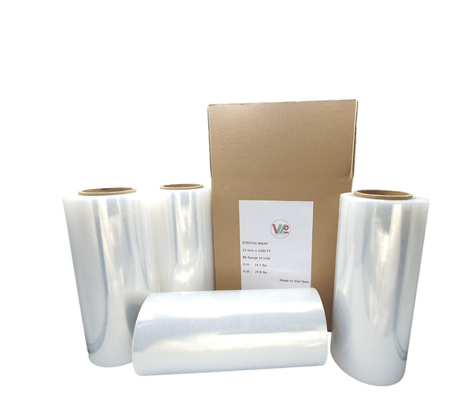 VP 20 x 1500ft x 80 Gauge Thick (20 Micron) Clear Cast Pallet Stretch Wrap Film [Pack of 4 Rolls, 1500' Per Roll, Total 6000']