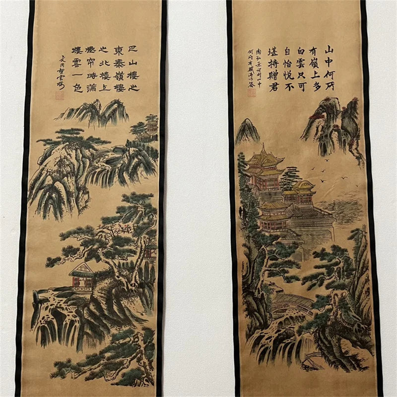 Chinese Ancient Paper Calligraphy Paintings Scrolls Famous Murals Wangyun Attic Pavilion Four Pairs of Artwork Decorations