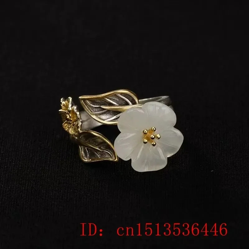 925 Silver White Hetian Jade Flower Adjustable Ring Jewelry Zircon Charm Gifts Crystal Amulet Men Women Chalcedony Fashion