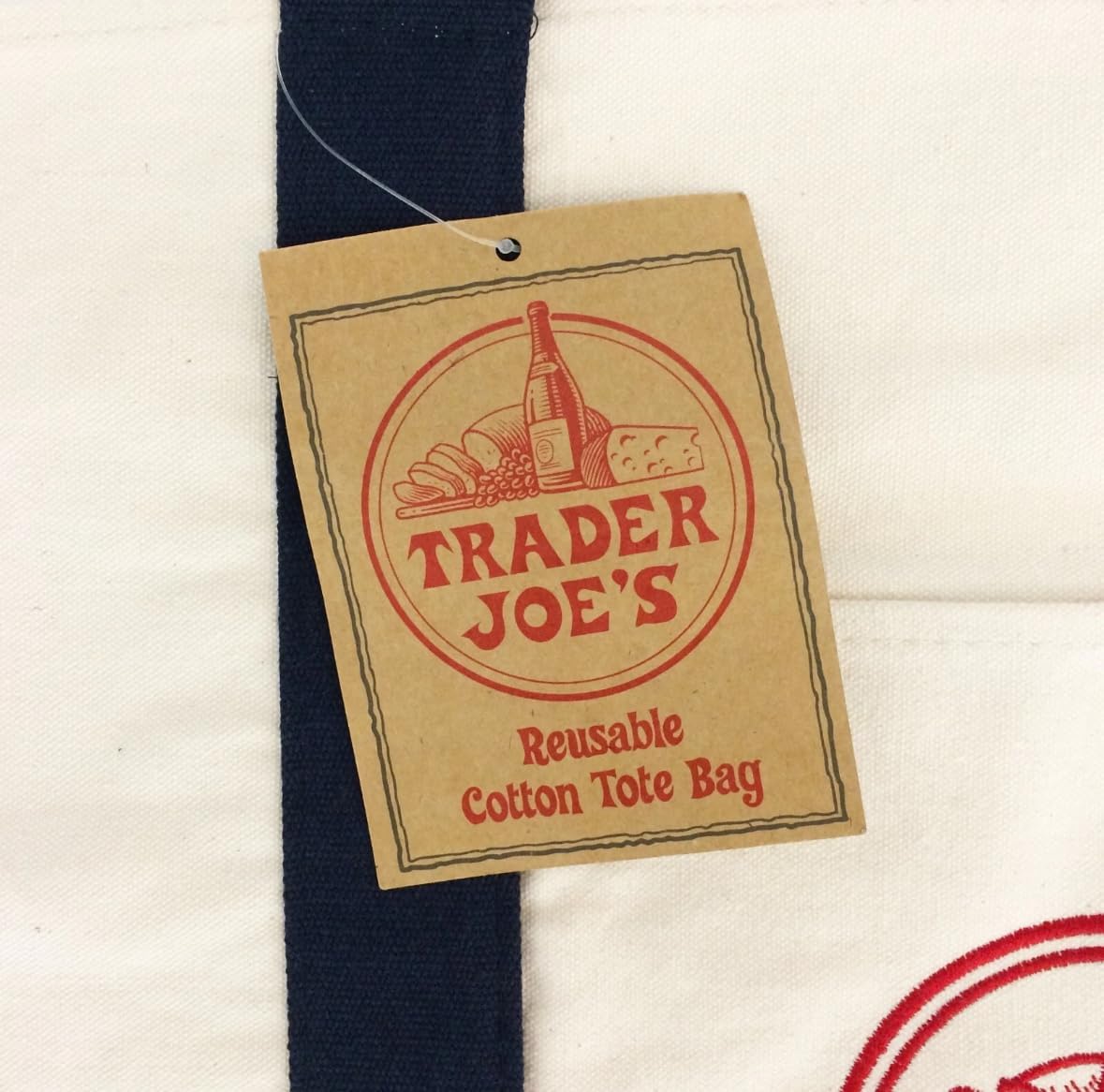 Trader Joe's Reusable Canvas Tote Bag, Navy and Beige, 15 x 14.5 x 6 .5 inches, 6 gallon capacity hevey duty bags