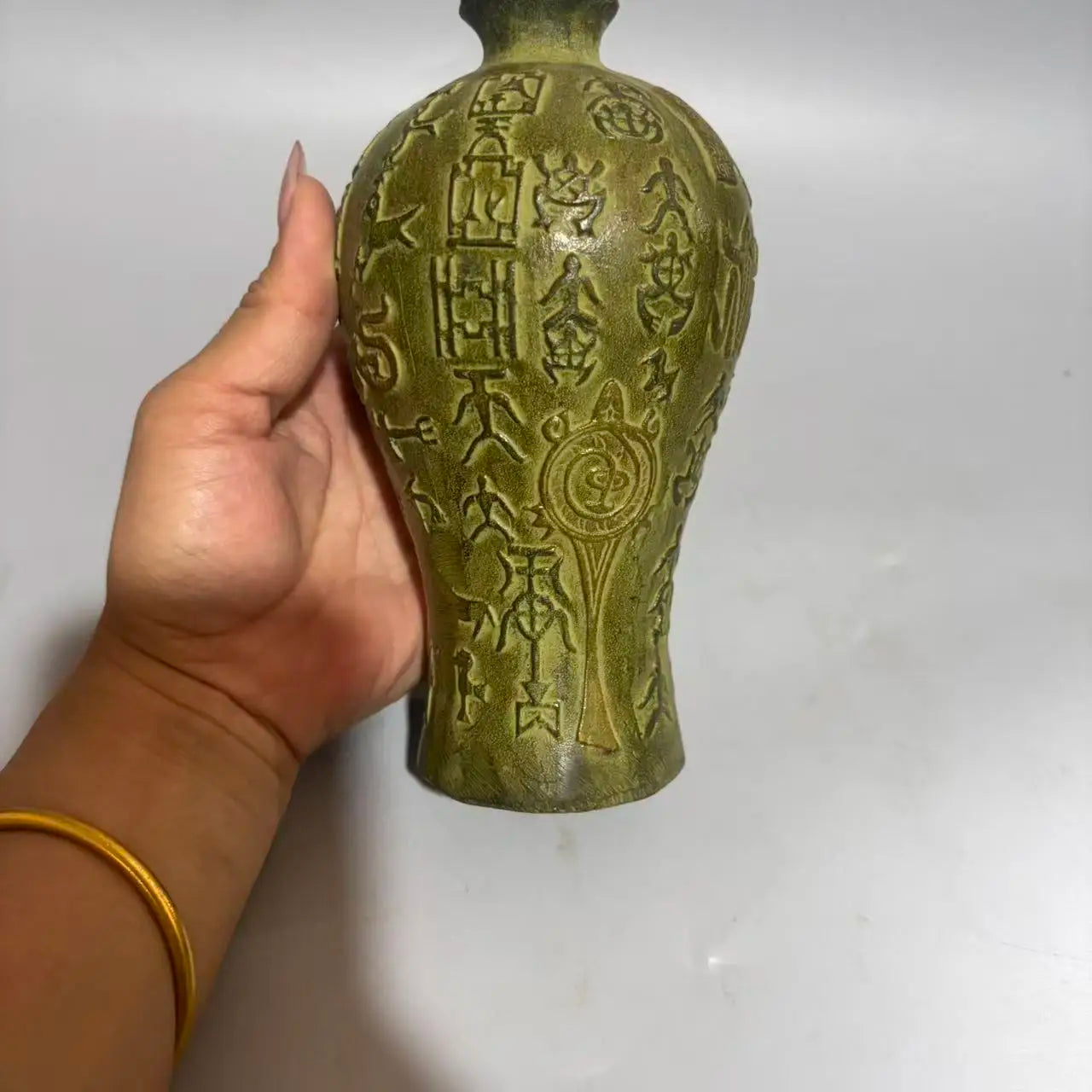 7" Tibetan Temple Old Brass Verdigris Prunus Vase – Oracle Script Motif