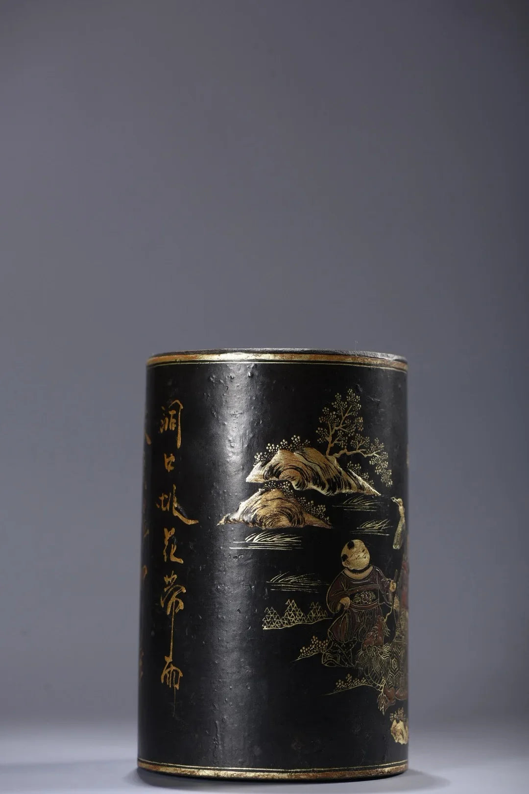 Tibetan Temple Vintage Lacquerware Brush Pot – Children’s Playground Scene (5")