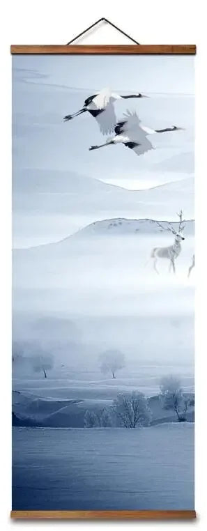 Chinese Snow Mountain Deer & Bird Canvas Scroll – Blue & White