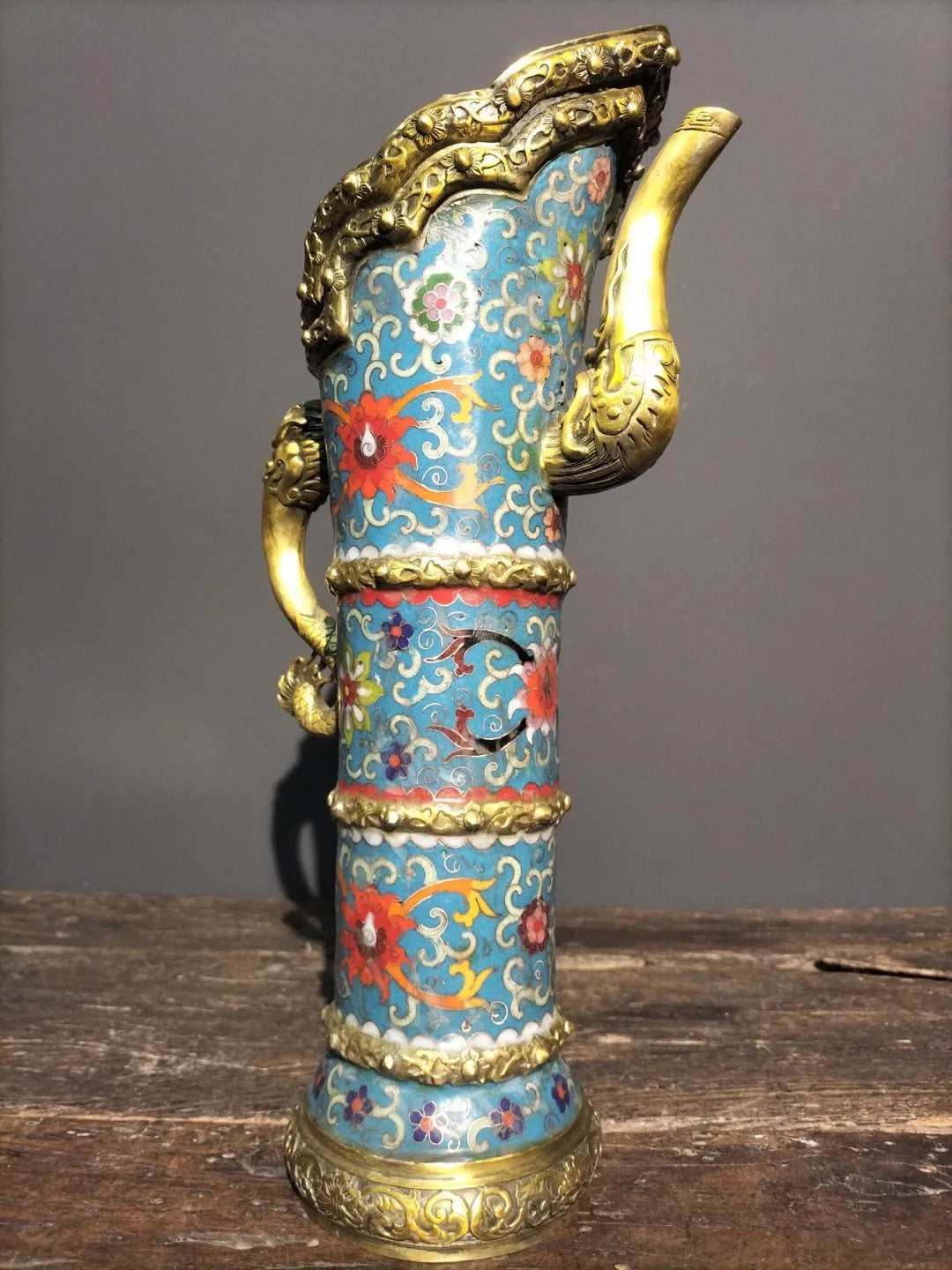 Tibetan Bronze Cloisonné Dragon-Handle Ghee Teapot (15")