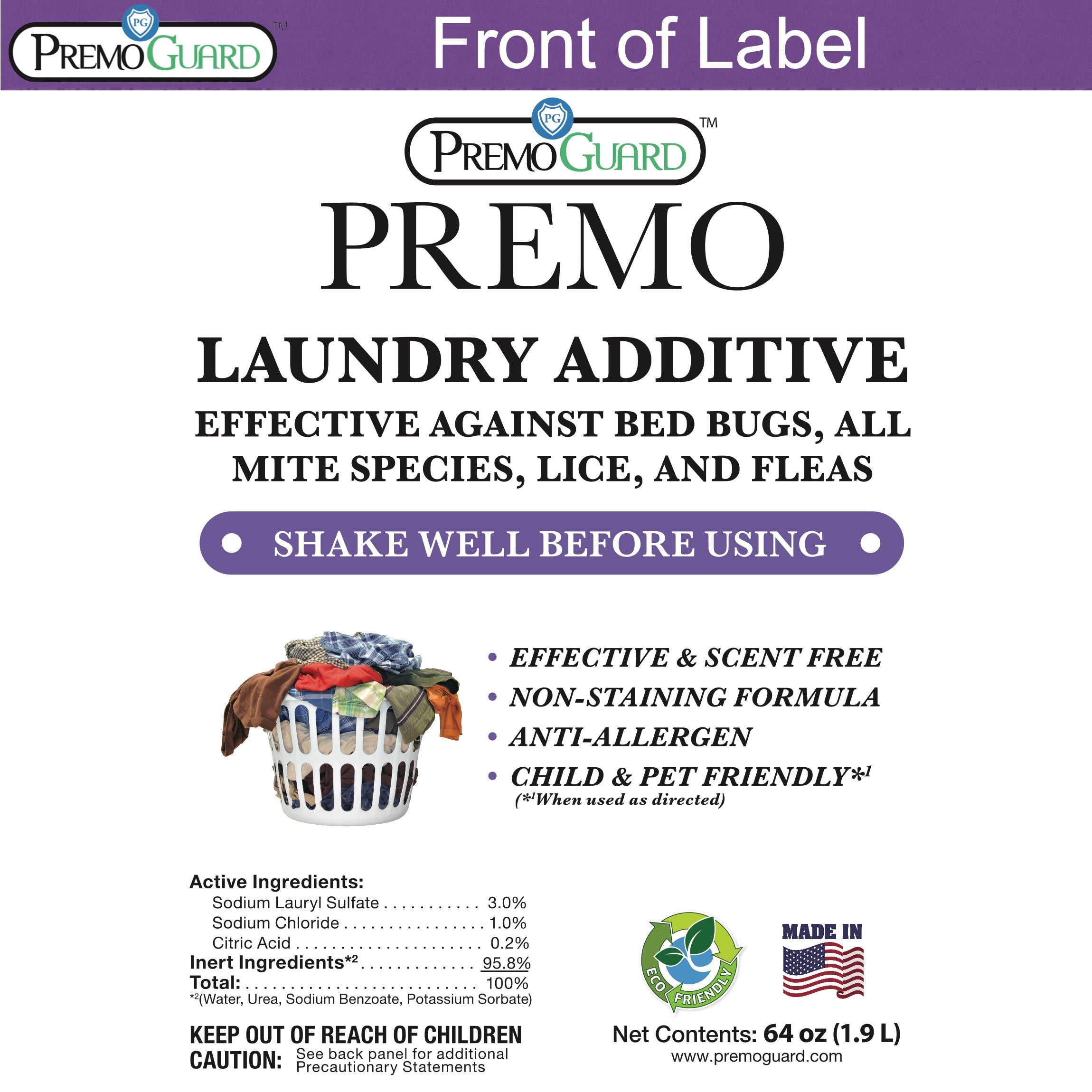 Bed Bug & Mite Killer Laundry Additive - 64 oz - All Natural Non-Toxic - By Premo Guard
