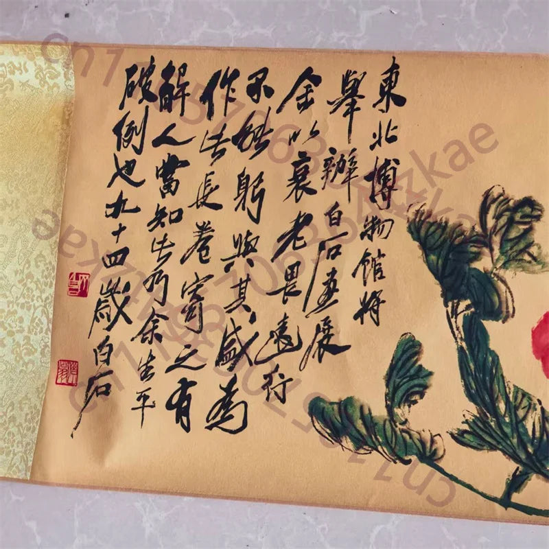 Old Chinese Long Scroll – Qi Baishi Inspired Watercolor “Competition of Flowers”