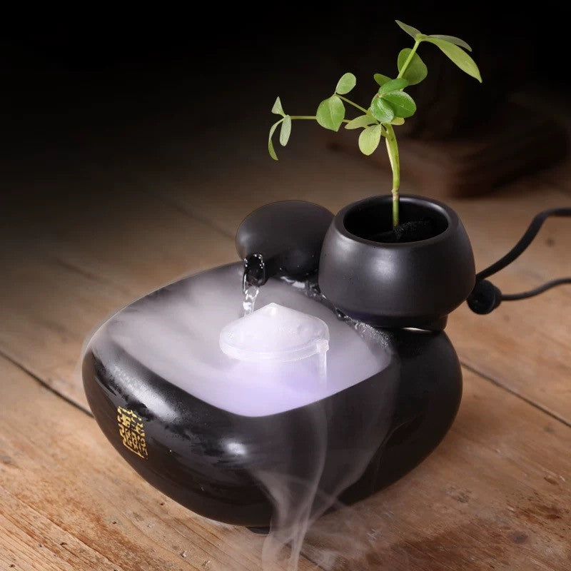 Ceramic Flowing Water Fountain with Mist – Desktop Zen Humidifier Ornament