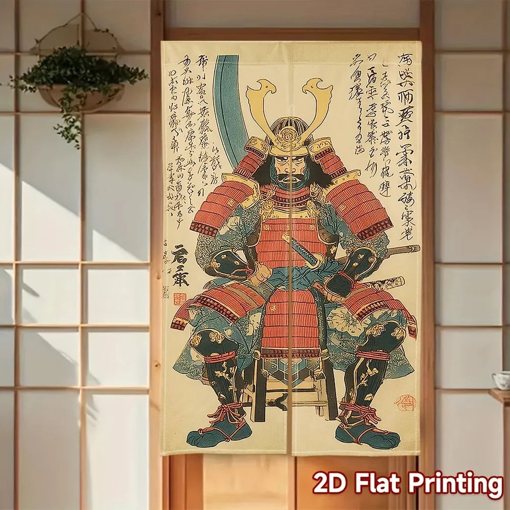 Japanese Samurai Warrior Armor Noren Curtain – Traditional Ukiyo-e Linen Door Divider