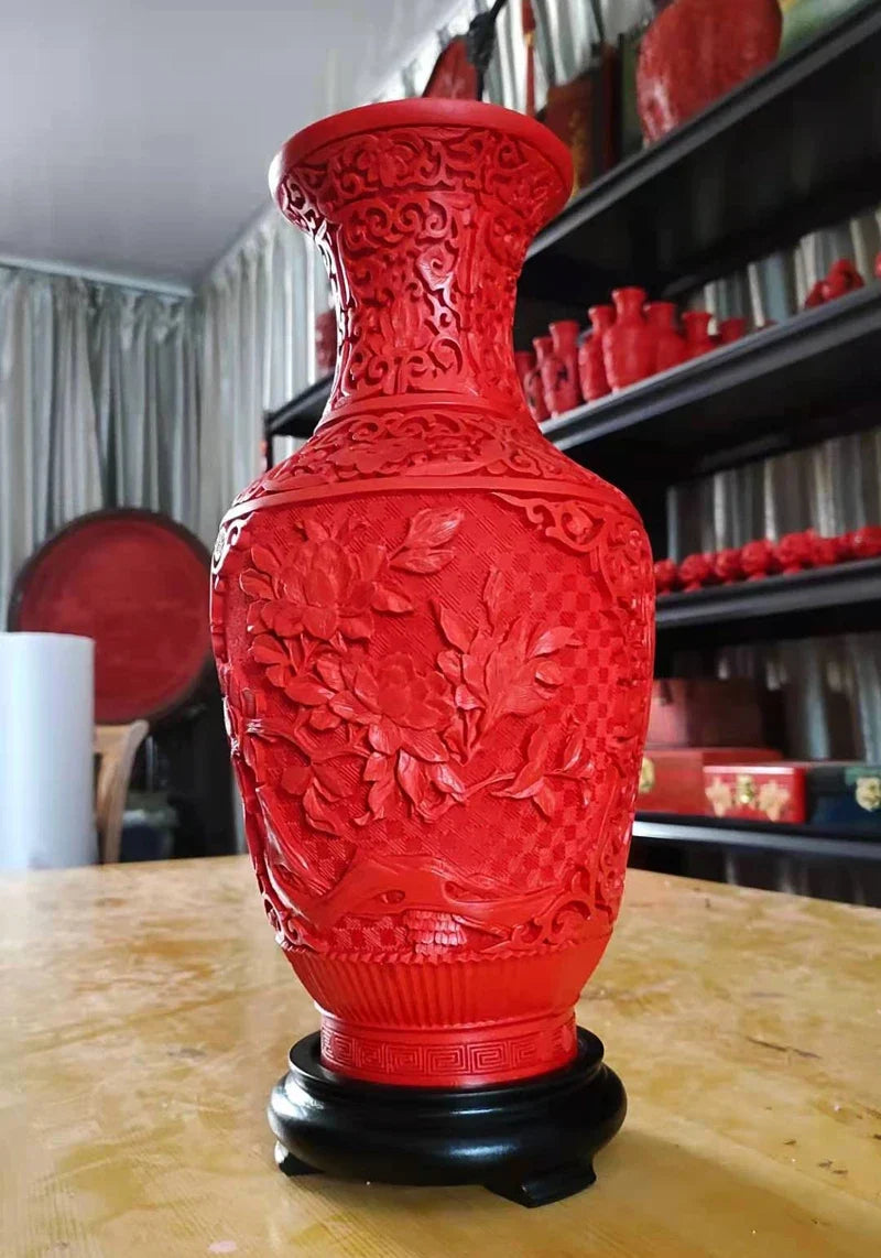 12" Exquisite Chinese Red Lacquerware Vase – Auspicious Floral Design