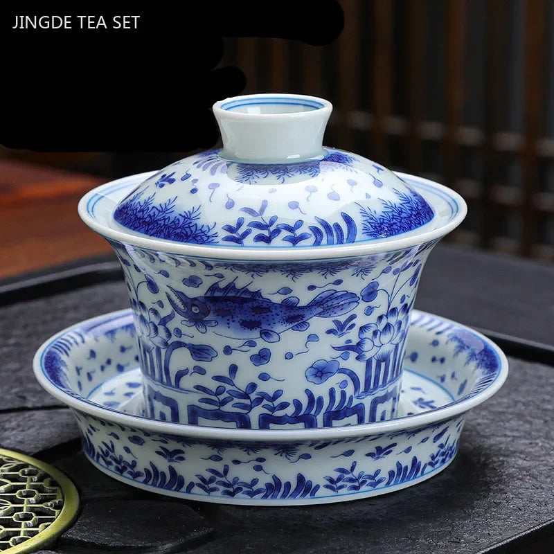 Luxurious 150ml Blue and White Porcelain Gaiwan – Handmade Tea Tureen