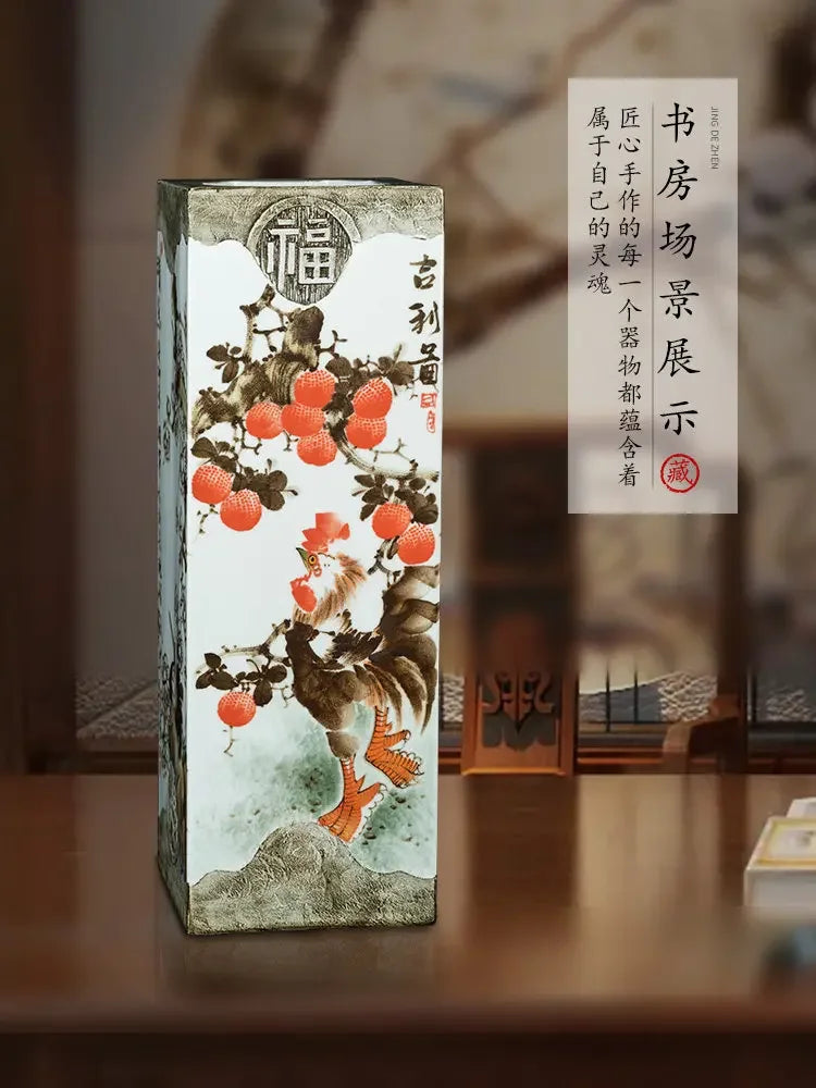 Hand-Painted Jingdezhen Scroll Cylinder Vase – Studio & Study Calligraphy Storage