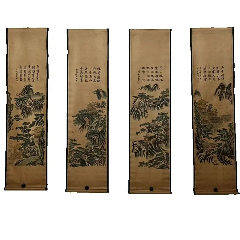 Chinese Ancient Paper Calligraphy Paintings Scrolls Famous Murals Wangyun Attic Pavilion Four Pairs of Artwork Decorations