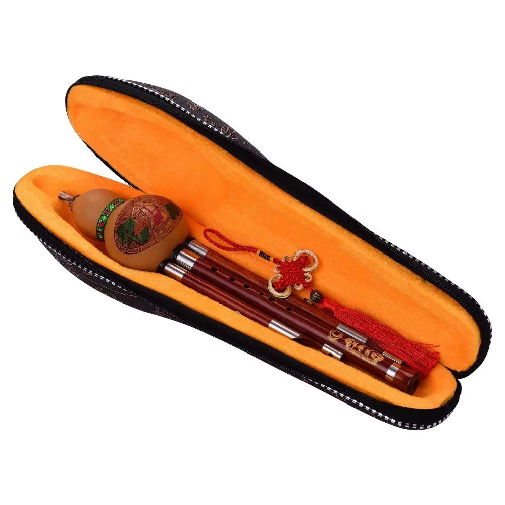 3-Tone C Key Hulusi Gourd Flute Solid Wood Tube Chinese Traditional Musical Instrument with Chinese Knot & Carrying Case