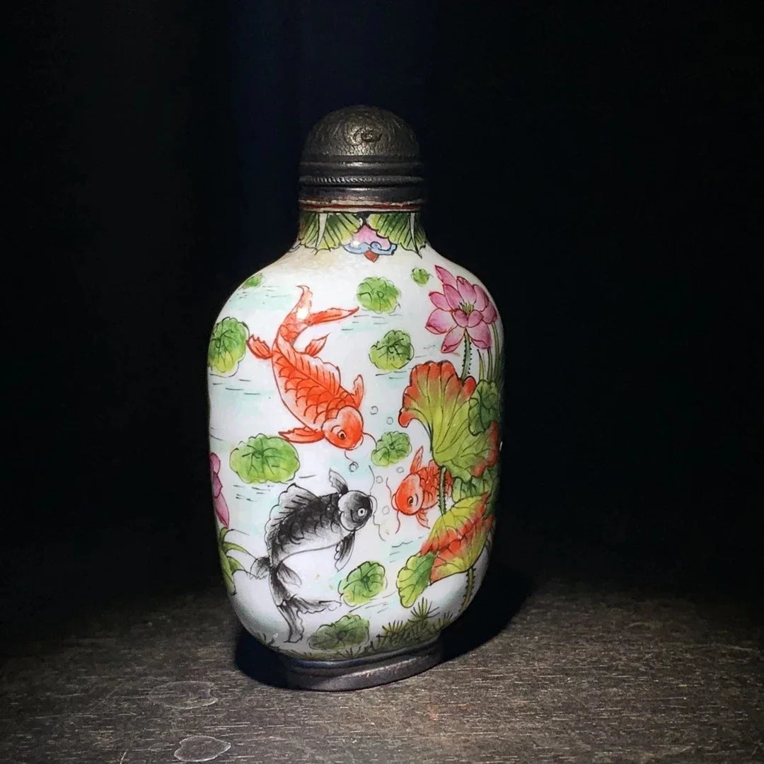 Enamel Chinese Porcelain Snuff Bottle with Cloisonne - Fish Design