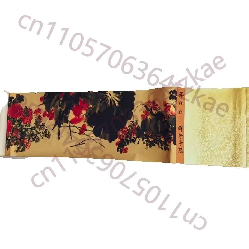 Old Chinese Long Scroll – Qi Baishi Inspired Watercolor “Competition of Flowers”