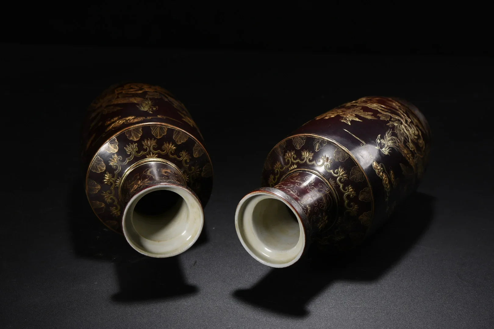 Pair of Tibetan Temple Vintage Porcelain–Lacquerware Vases – Gold Phoenix & Peony (22cm)