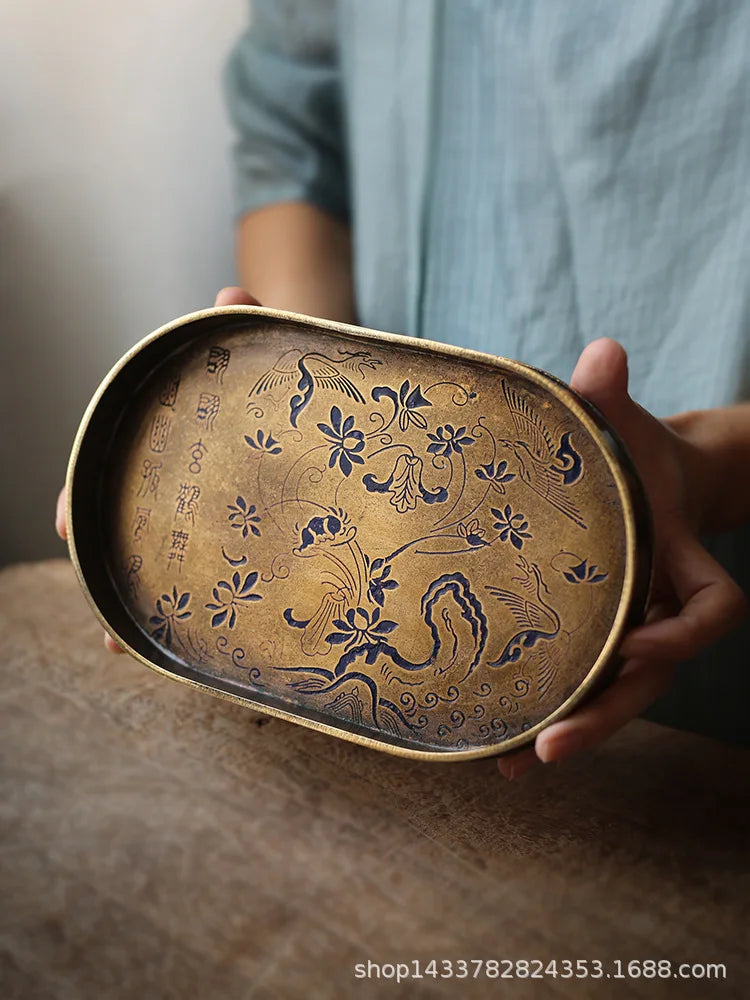 Imitation Bronze Teapot Pad – Painted “Brass” Plate Tea Tray with Seal-Cutting Motif