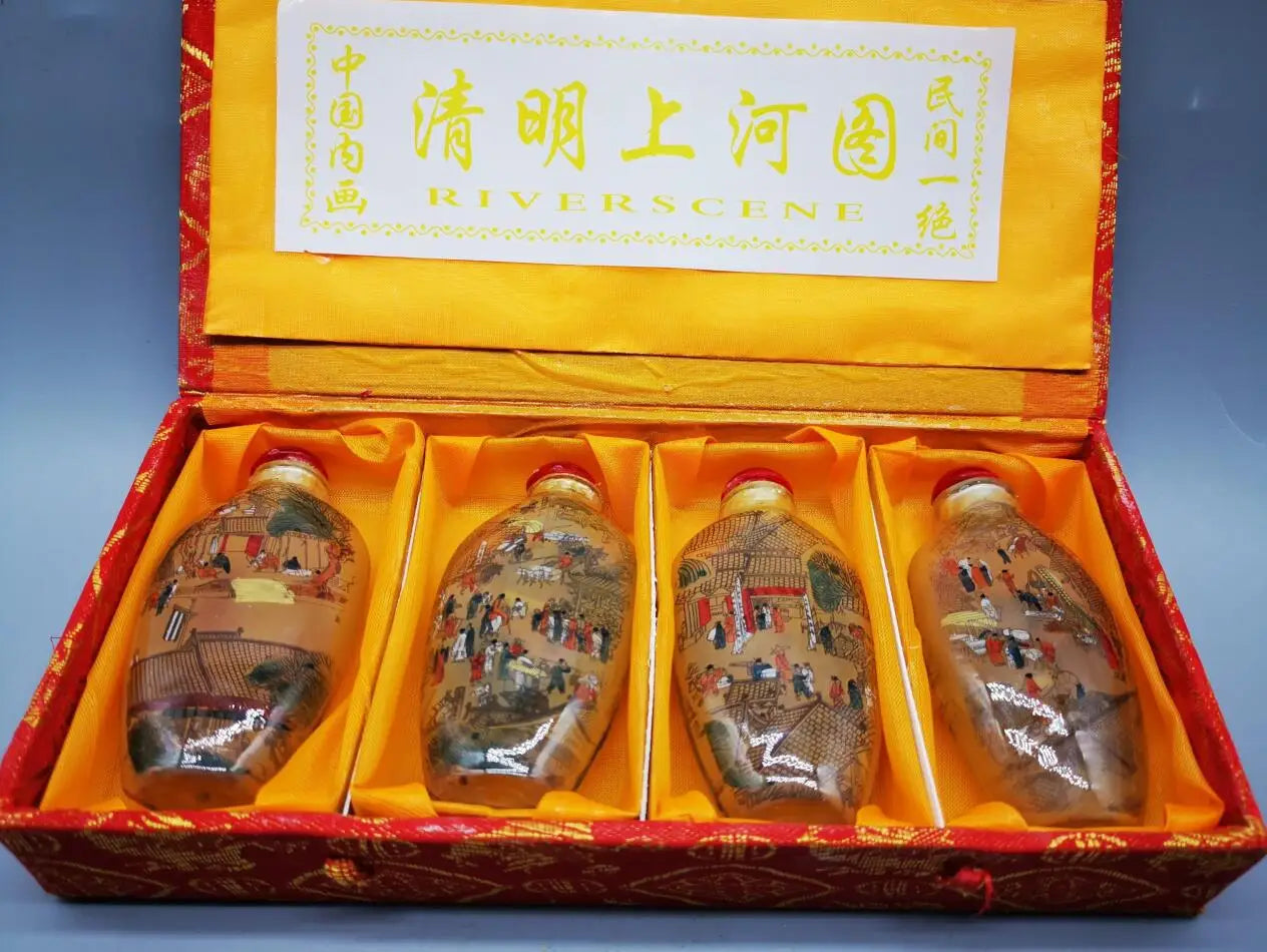 Qingming Festival Inside‑Painted Snuff Bottles – Set of Four with Box