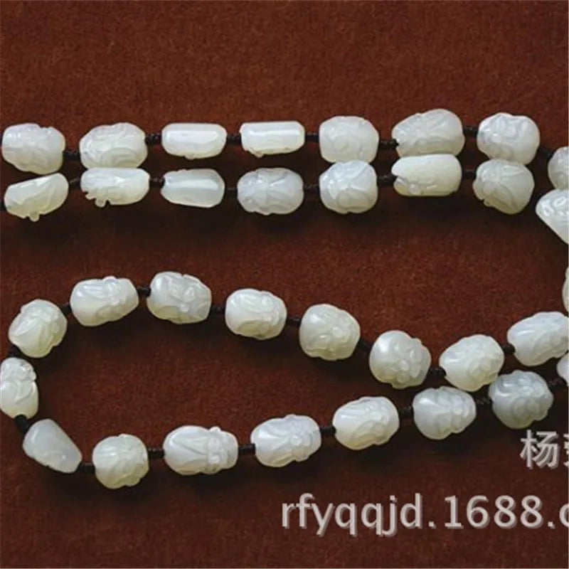 Hetian Eighteen Arhats Green and White Jade Bead Necklace