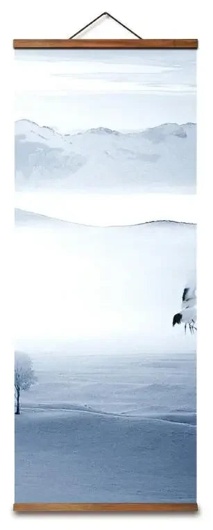 Chinese Snow Mountain Deer & Bird Canvas Scroll – Blue & White