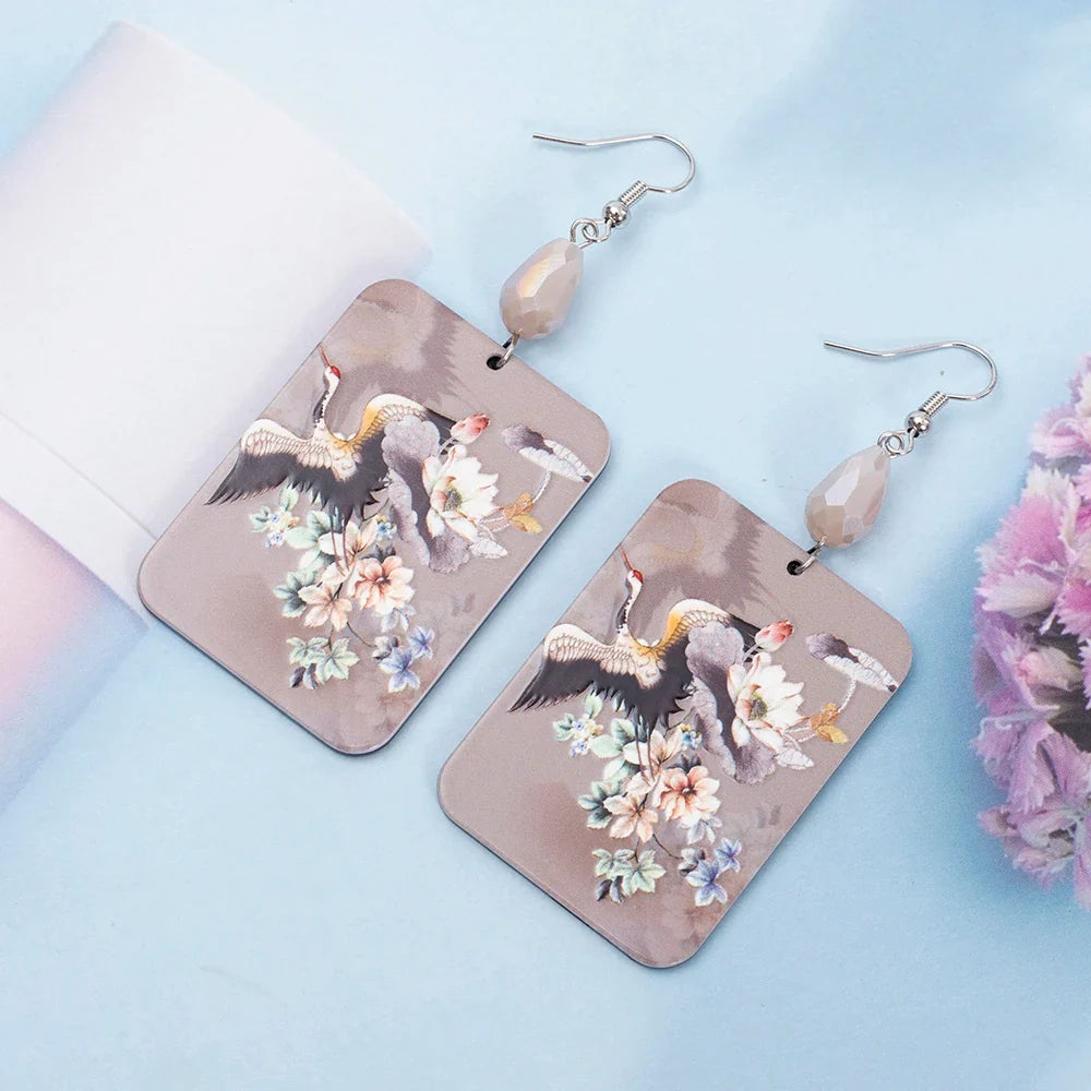 Chinese Crane Flower Dangle Earrings – 3D Printed Acrylic