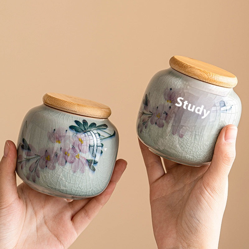 Hand-painted Magnolia Tea Storage Containers and Brocade Bag