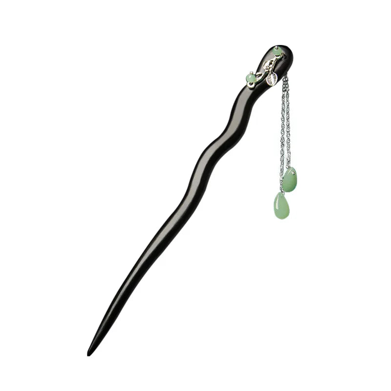 Vintage Jade Fringe Black Wood Hair Stick