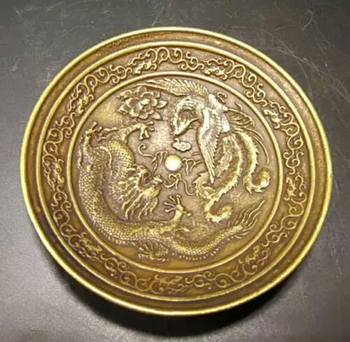 Old Brass Dragon & Phoenix Dish Plate – Asian Home Decor Collectible