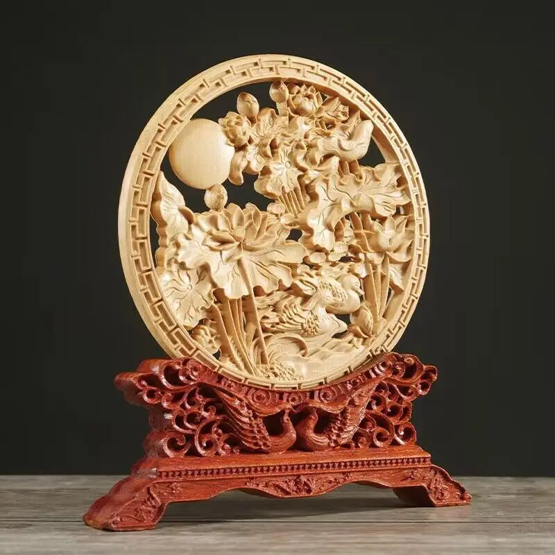 Wood Carving Dragon and Phoenix Round Carving Art Statue High Quality