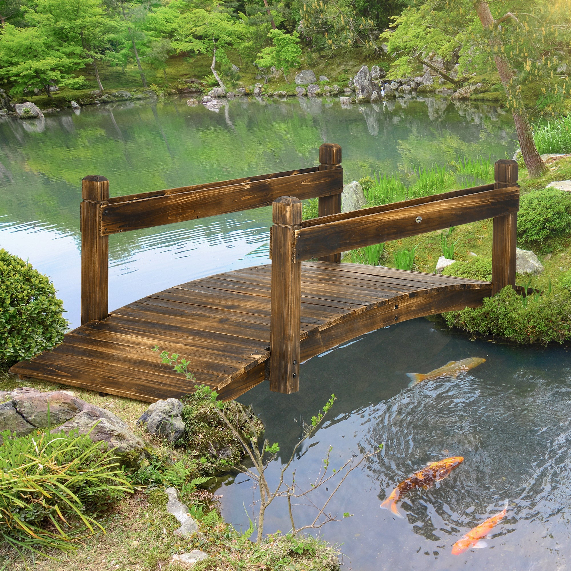 7.5 Wooden Garden Bridge with Planters, Stained Finish Arc Footbridge with Safety Railings for Backyard, Pond Stream, Stained Wood
