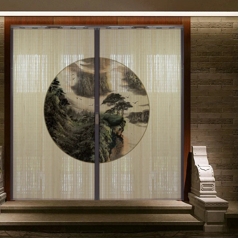 Printed Bamboo Sliding Door Partition Traditional Chinese Room Divider Foldable Screen