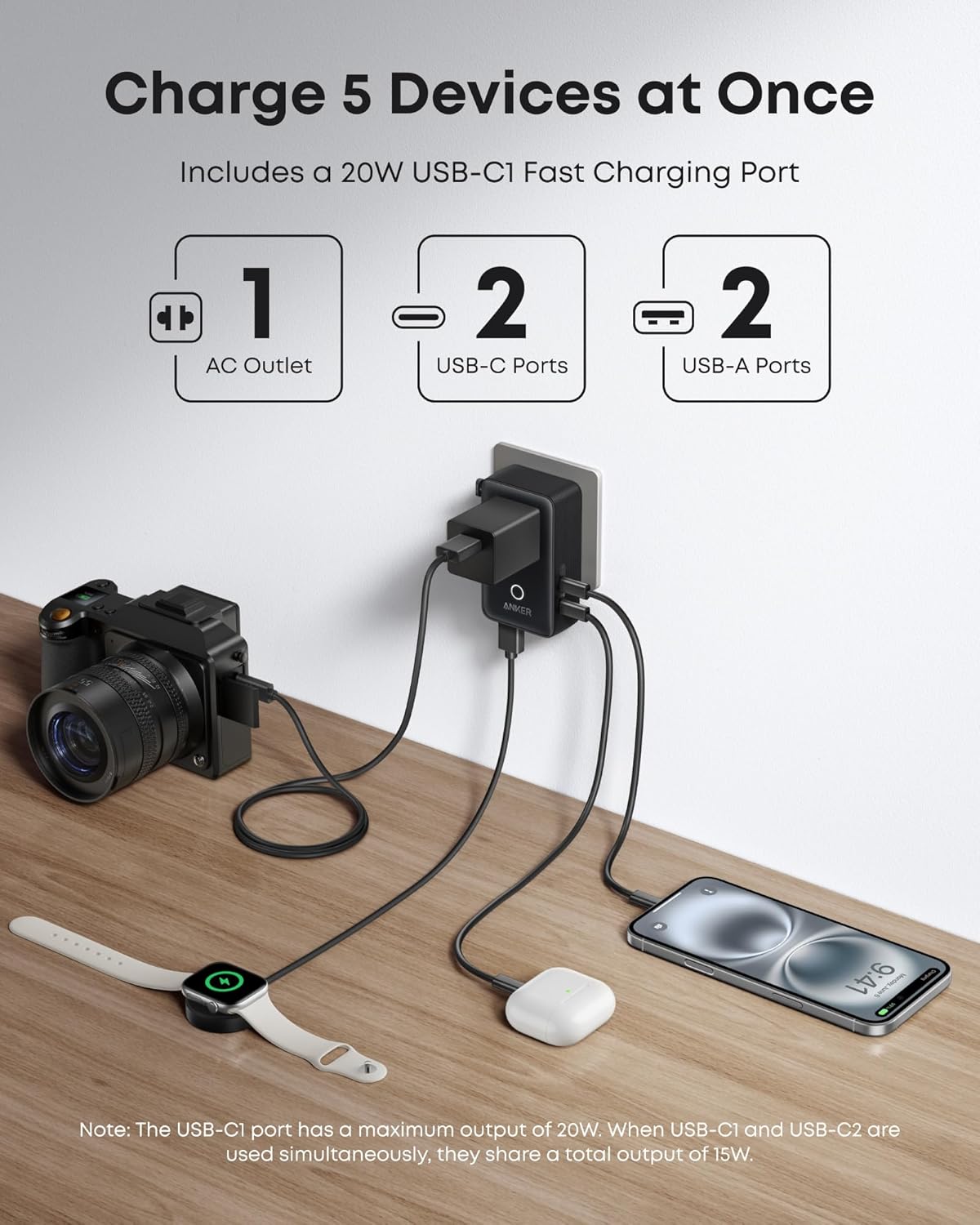 Anker Nano Travel Adapter (5-in-1, 20W, 1-Pack)