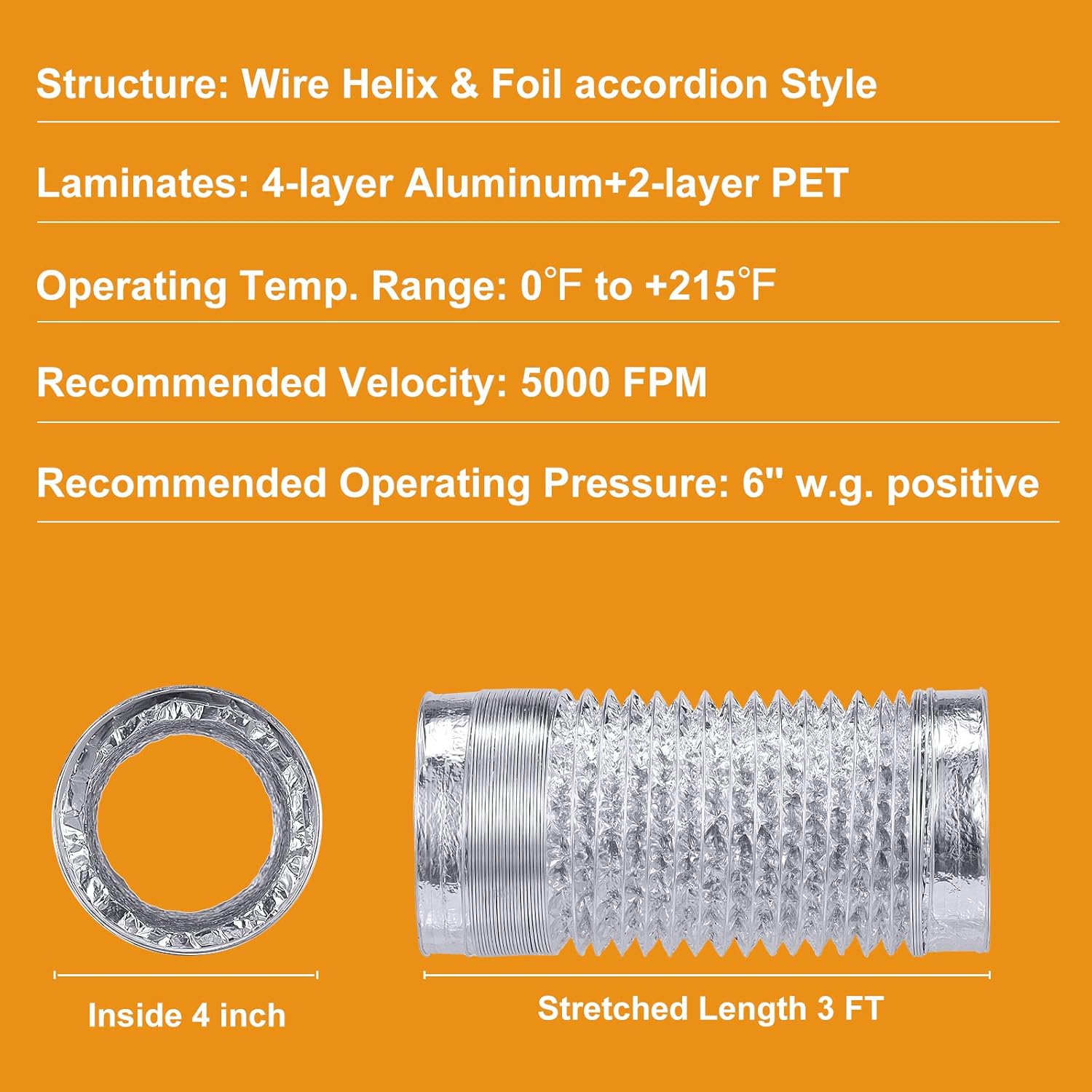 Heavy Duty 4"Flexible Dryer Vent Exhaust Duct Hose 3 Feet for Tight Space, Extra Thick(6-ply) Aluminum Foil Ducting Kit with 2 Key Hose Clamps