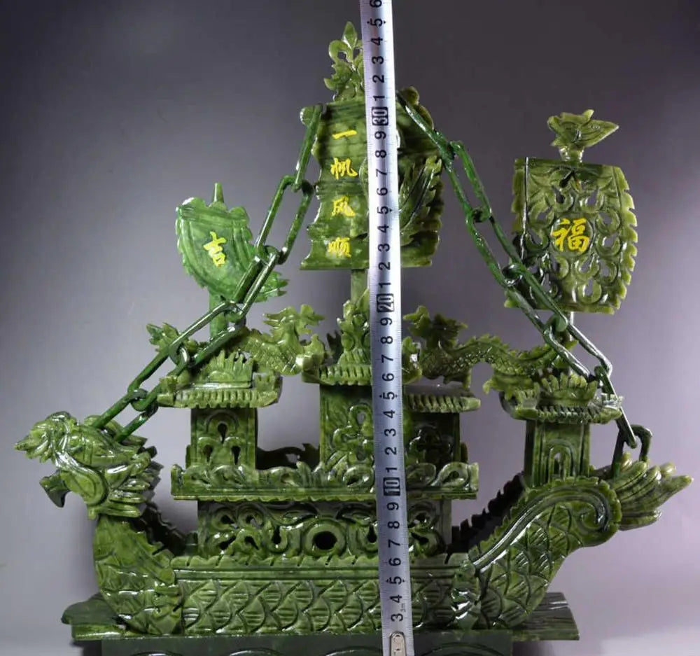 38cm Large Chinese Hand Carved 100% Natural Jade Incense Statue – Dragon Boat