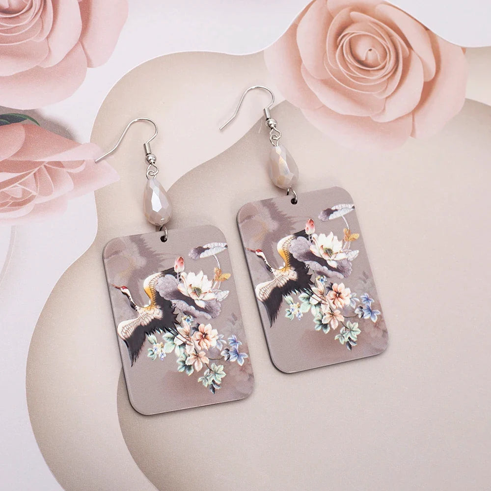 Chinese Crane Flower Dangle Earrings – 3D Printed Acrylic