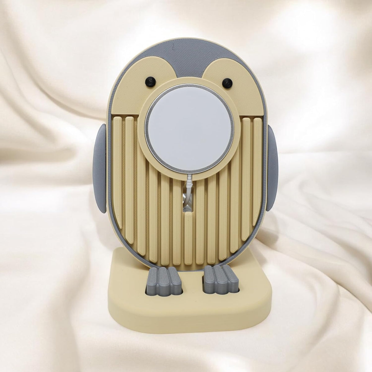 Penguin Charger Stand – Adorable Desk Organizer, Eco-Friendly (Beige & Grey)