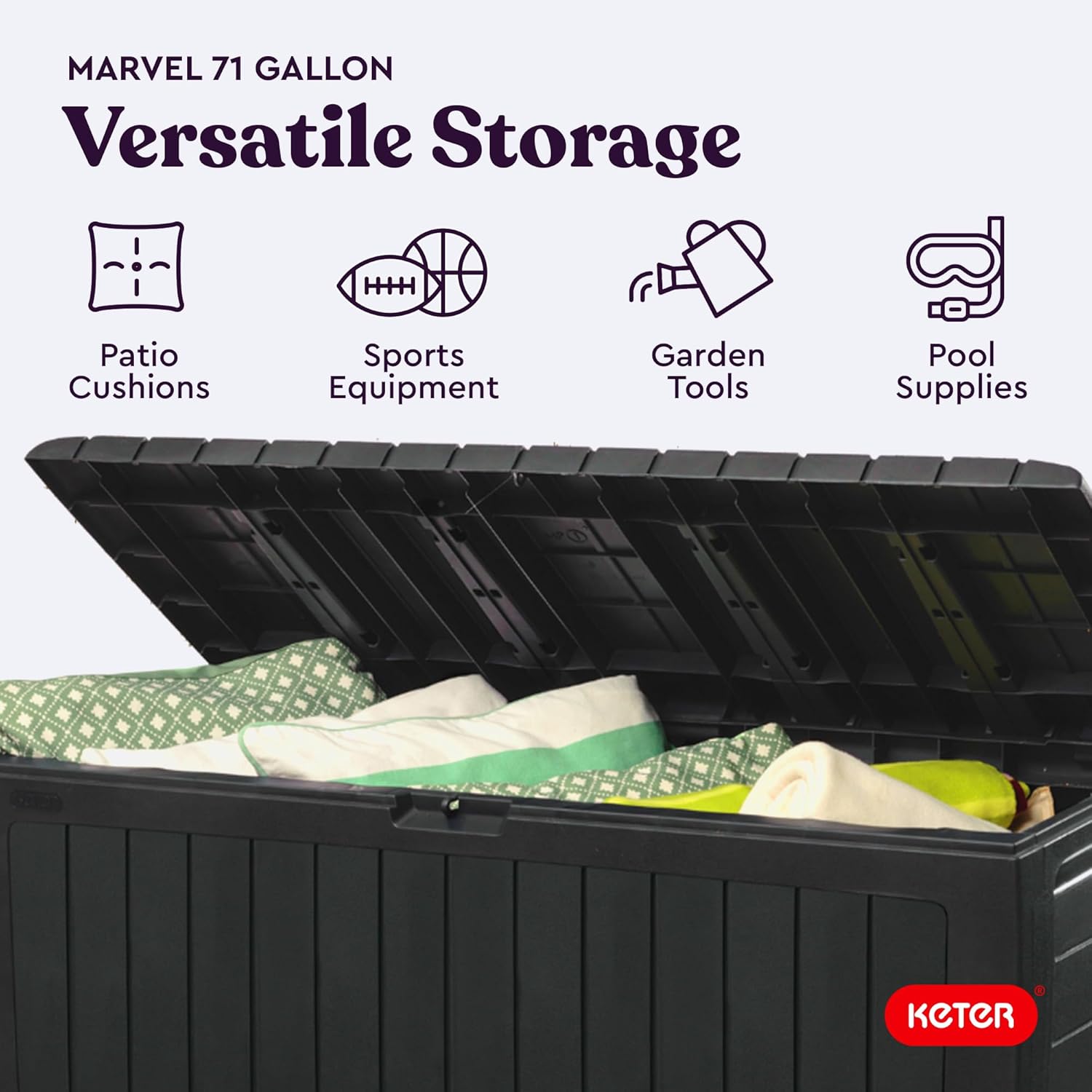 Keter Marvel Plus 71 Gallon Resin Outdoor Storage Box for Patio, Balcony & Garden – Weather‑Resistant Deck Box for Cushions, Pillows, Pool Floats & Tools, Dark Grey